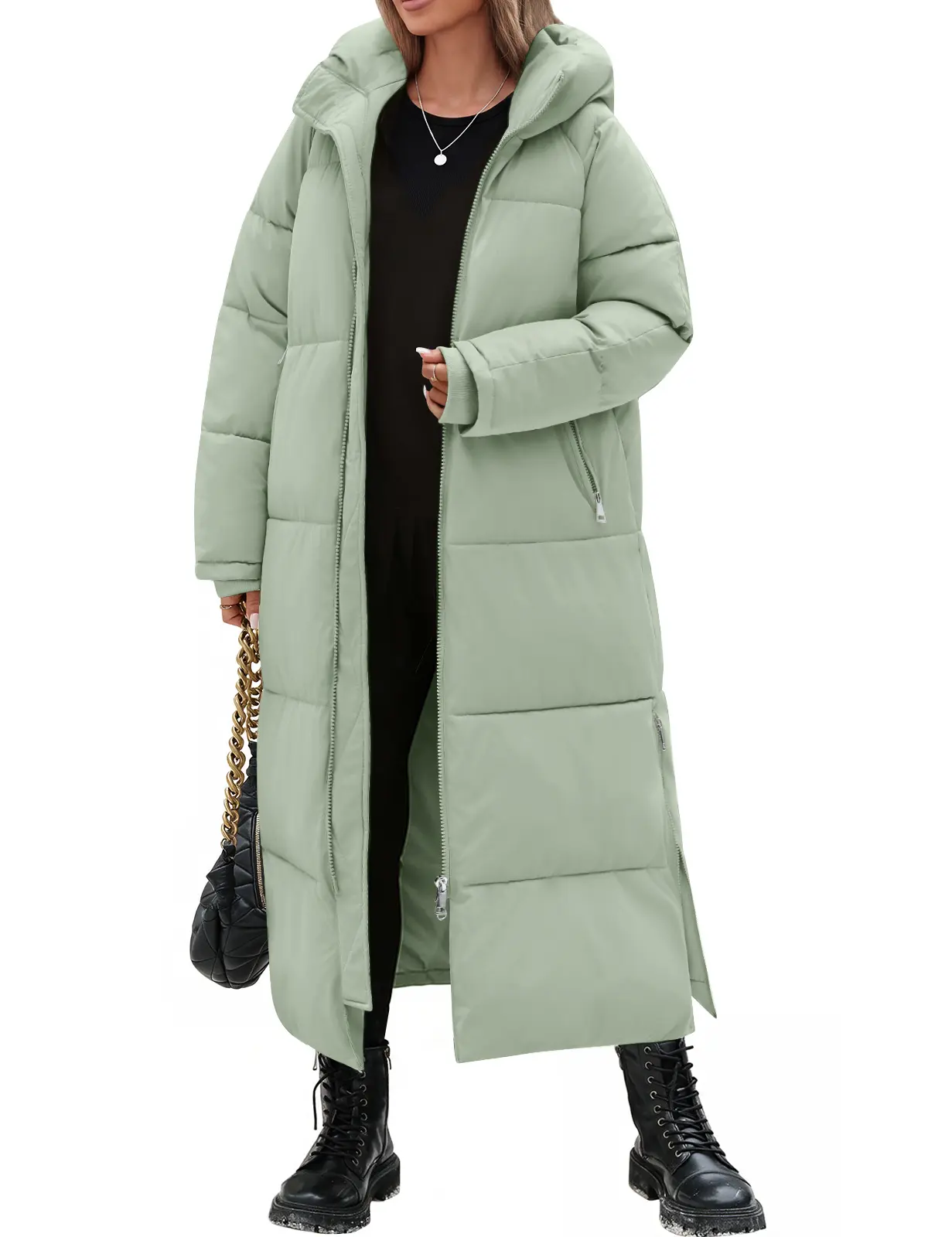 FASHORA Women Long Quilted Coat Hooded Maxi Length Long Sleeve Puffer Jacket Padded Coat Winter Outerwear Water-repellent