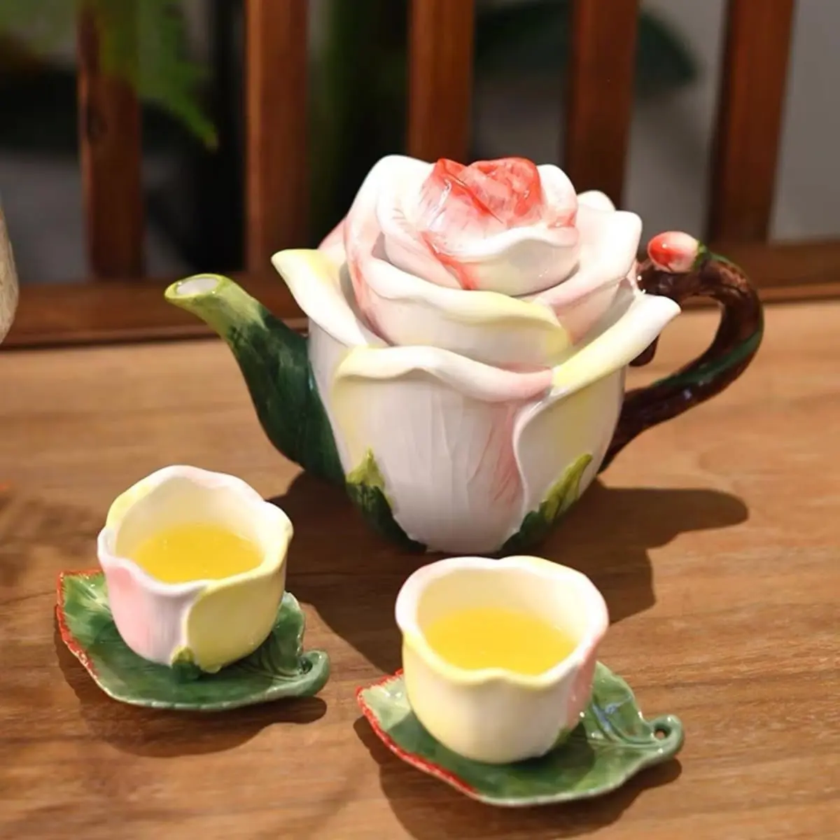 5-Piece Lead-Free BPA-Free Ceramic Earthenware Rose Motif Mini Tea Pot & Cup & Saucer Set - Non-Toxic Underglaze, 3D Embossed, Hand-Painted Flowers, Leaf Saucer, 30ml Small Cups, Desktop Kitchenware for Home Decoration (5-Piece Full Set)