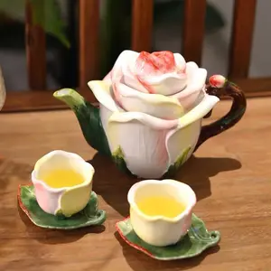 Ceramic 5-Piece Earthenware Mini Rose Tea Pot Set - 3D Hand-Painted Flower Mug, Leaf Saucer, and Small Teacups, Teacup