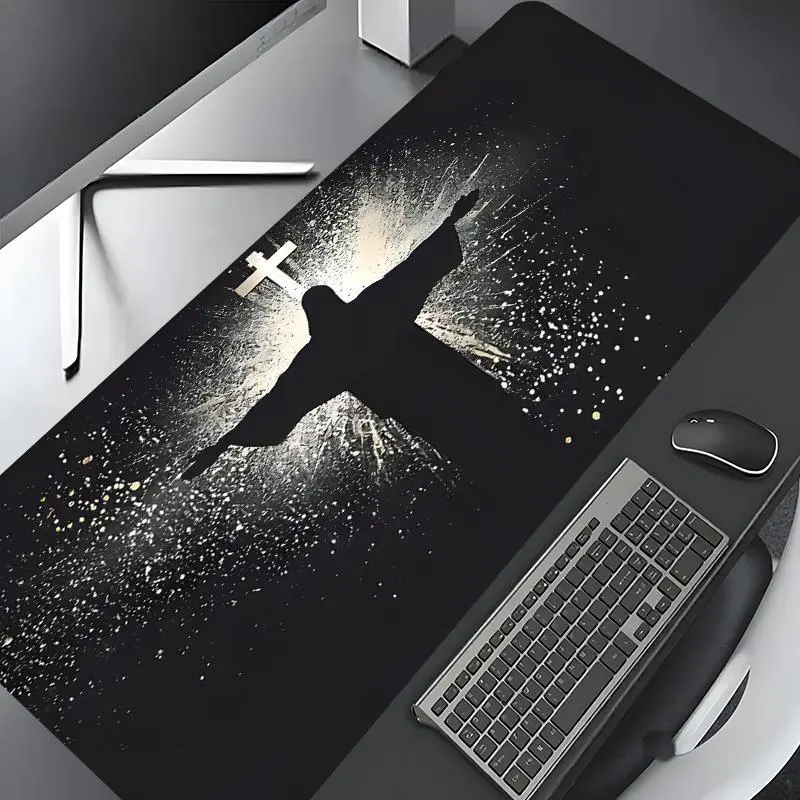 Jesus & Cross Illuminated Design Large Gaming Desk Mat, Aesthetic Desktop Decoration Drotection Pad,Washable Rubber Pad Non-Slip Lock Edge Multi-Size Desk Mat Suitable For Home Office,Good Gift for Family and Friends,Desktop Accessory