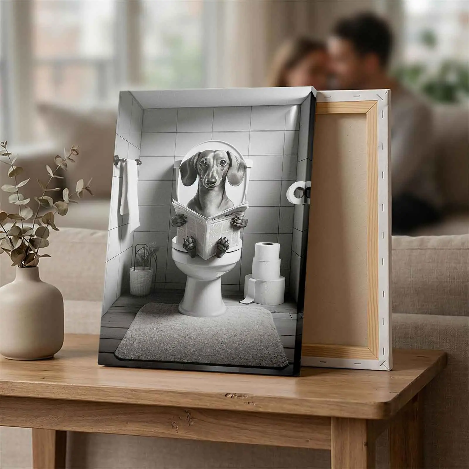 Funny Black & White Dachshund On Toilet Reading Newspaper Artistic Canvas Wall Art with Wood Frame, Bathroom Decor, Unique Dog Print, Gift For Dachshund Lovers
