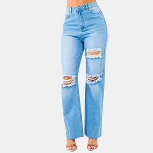 Leah High Waist Distressed Wide Leg Jeans for Women - Loose Fit, Full Length, Plain, Lightweight Comfort Clothing Womenswear Boho Bottom