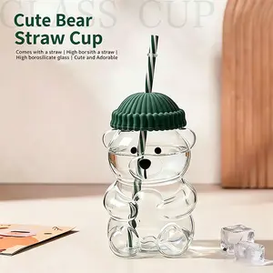 20oz Cute Teddy Bear Glass Straw Cup High Borosilicate Reusable Coffee Tumbler Aesthetic Daily Drinkware For Home Office Travel Perfect For Iced Coffee Smoothie - Bottles