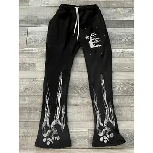 Men's Trendy Graffiti Print Joggers - Black Casual Sweatpants with Flame & Star Design, Drawstring Waist, Lightweight Knit Fabric for Spring/Fall