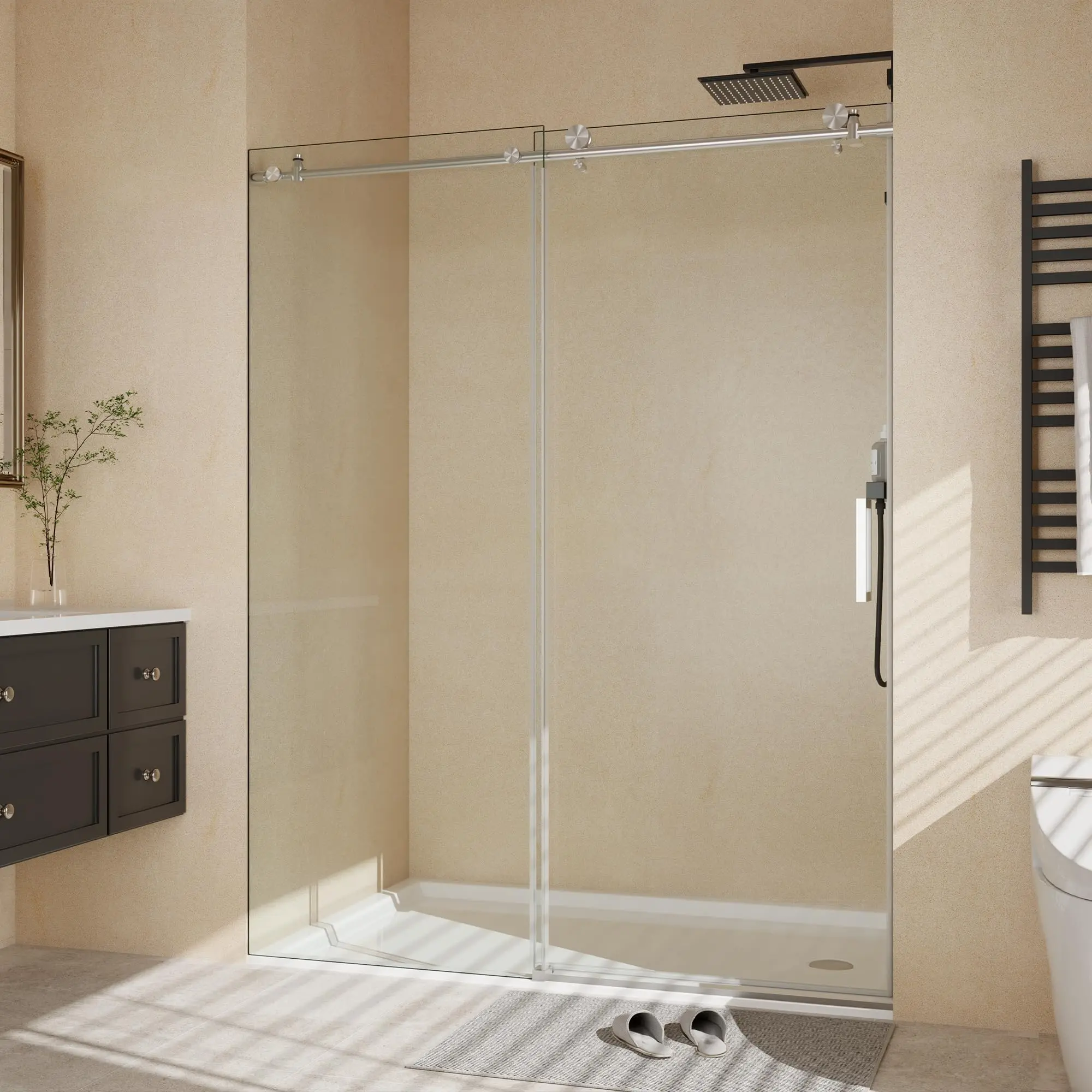 Garvee Frameless Sliding Shower Doors with 8mm Clear Tempered Glass, Available in 44-60" Widths and 76" Height, Featuring Easy-Clean Coating, Explosion-Proof Film, Waterproof Seal Strip, and Stylish Matte Black or Brushed Nickel Finishes
