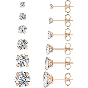 6 Pairs Stud Earrings Set, Hypoallergenic Cubic Zirconia 316L Earrings Stainless Steel CZ Earrings 3-8mm