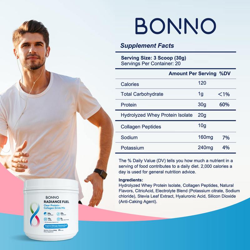 Bonno | Women's Protein Powder with 20g Clear Whey & 10g Collagen for Fitness & Radiance, colageno para mujeres Delicious Tropical Fruit Blend, 20 Servings Powder Zero Sugar
