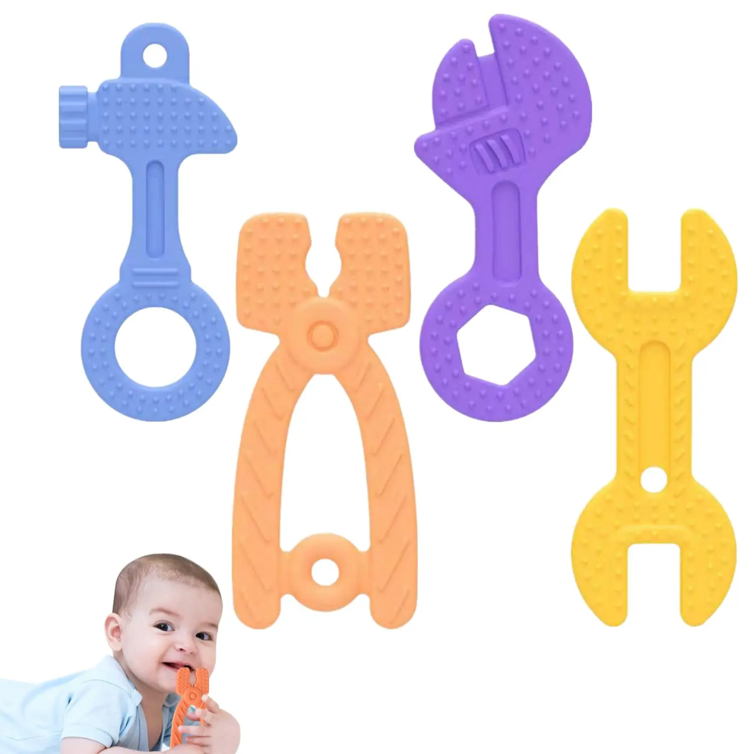 4 Pack Baby Teething Toys, Silicone Teethers for 6–12 Month Olds – Tool-Shaped (Hammer, Wrench, Pliers) – Soft Chew Toys – BPA-Free – Halloween & Christmas Gifts