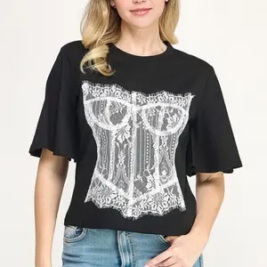 Black Lace Corset Design T-Shirt for Women - Stylish & Comfortable Top for Everyday Wear