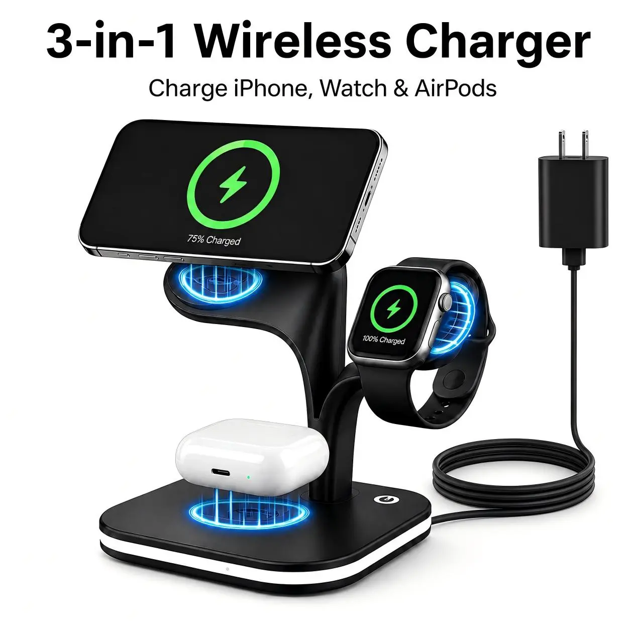 3-in-1 Foldable Magnetic Wireless Charging Station with Adjustable Ambient Light for iPhone 17/16/15/14/13/12 Pro Max, Apple Watch 11/10/9/8/7/SE & AirPods 4/3/2/Pro – Portable Charger Stand for Home, Office & Travel