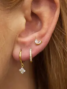 3-Piece Stackable Earrings Set, Floral Dangle Ear Cuffs + Rhinestone Studs + V-Shaped Hoops, Allergy-Free, Hypoallergenic Cartilage Earrings, Trendy for Office & Dates