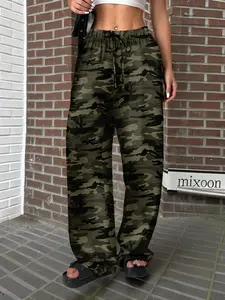 Trendy Camouflage Star Print Wide Leg Pants, High Waist Drawstring Elastic Waist Street Style, Multiple Colors Available