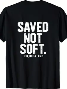 Saved Not Soft Christian Lion Not A Lamb Back Print T-Shirt - 220GSM Pure Unisex Retro Faith Statement Tee for Men & Women, Christian Church Apparel Extra Long Plussize, Plus Size