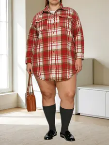 Plus Size Plaid Print Button Front Drop Shoulder Coat Jackets, Casual Long Sleeve Shirt Collar Outerwear For Spring & Fall, Women's Clothes For Daily Wear, Casual Chic Outerwear