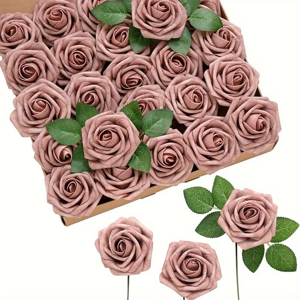 50pcs Artificial Dusty Pink Rose Flowers with 8 Leaves - Ideal for Crafts, Outdoor Weddings, Parties, Wedding Bouquets, Birthday Arrangements, Centerpieces, Bridal Showers, Indoor Decor, Featuring Stems for Easy Arrangement