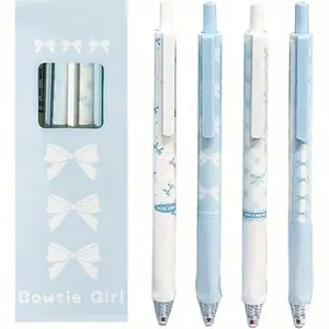 4Pcs Cute Extendable Bow Gel Pens, 0.5mm Tip, Smooth Writing Pens, Smooth Ink, Cartoon Style Blue Women's Pens, Beaded Pen with Crystal and Diamond Decorations