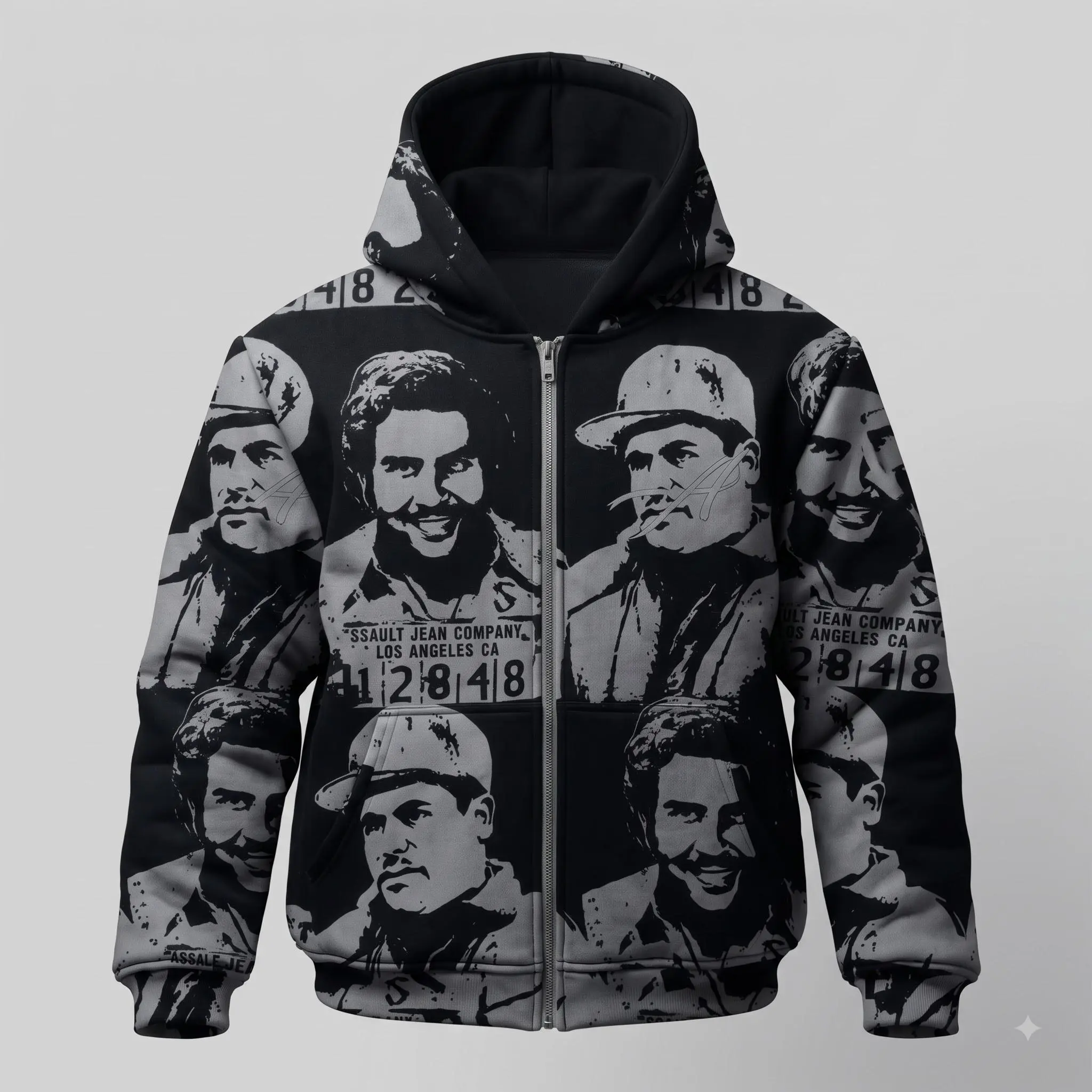 Vintage Mugshot 3D Zip Up Hoodie, Black White Portrait Collage Graphic Jacket, All Over Print Full Zip Sweatshirt, Retro Streetwear Gift