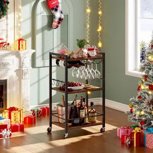 Bar Cart, Three-Tier Rack Home Bar Service Cart, Beverage Cart with Wine Rack, Glass Cup Holder, Suitable for Home, Living Room Rolling Bar Cart, Brown BC01BB035