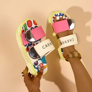 Girl Designer Women's Stylish Printed Open Toe Platform Sandals, Comfortable Slip On Slide Footwear in Light Yellow with Thick Bottom Shoe Walking Shoes Flipflop Slipper Tsinelas