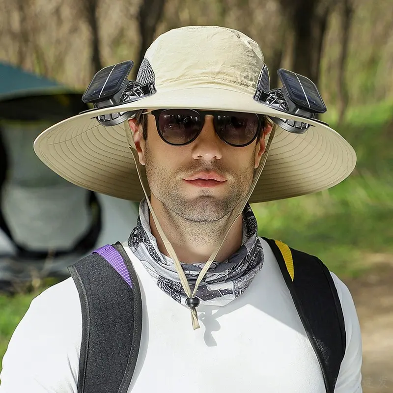 Solar Fan Bucket Hat, Unisex Breathable Wide Brim Cap with Adjustable Speed, UPF 50+ Sun Protection for Hiking & Fishing Summer Outdoor Hat Cooling Fishing Hat