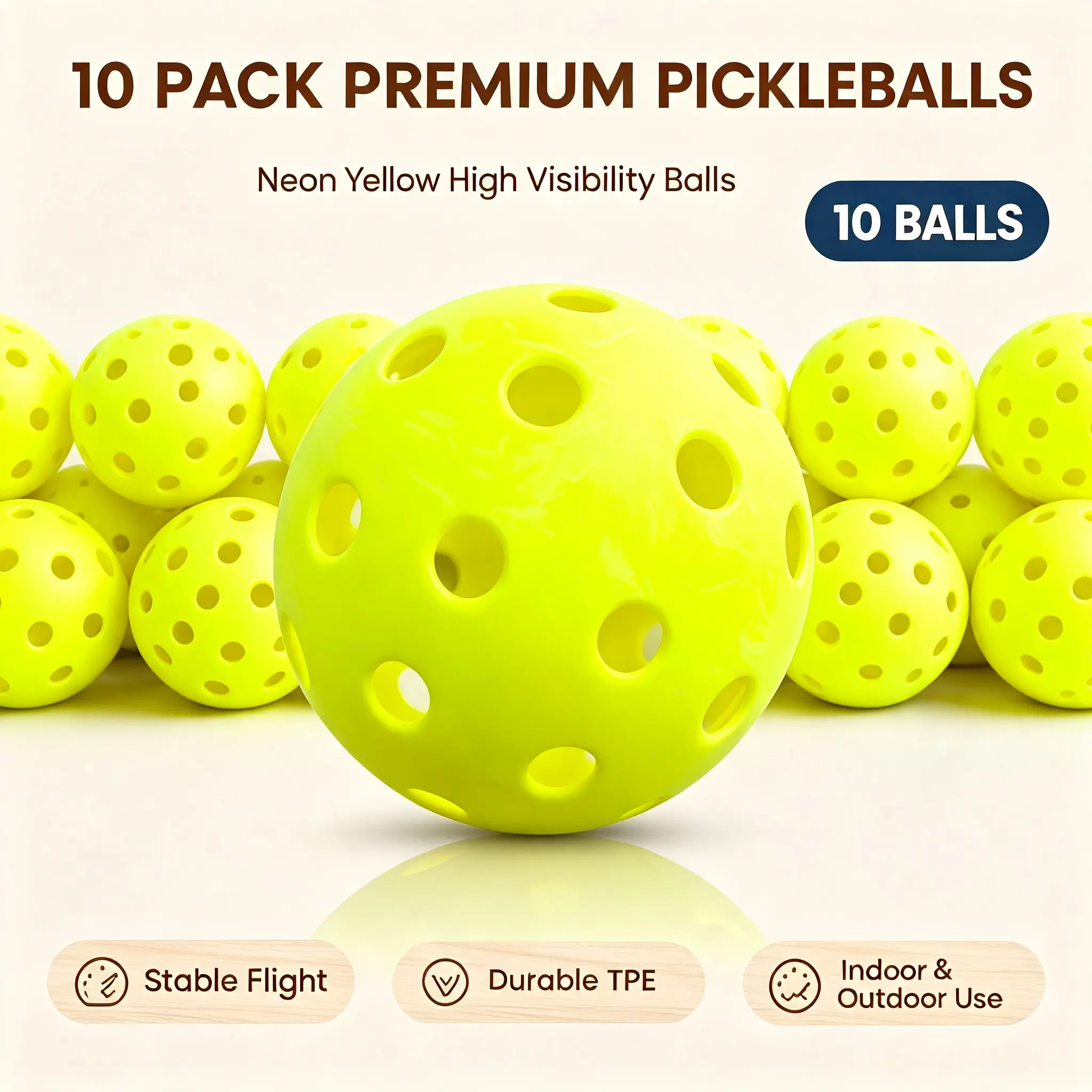 Indoor Pickleballs 10 Pack, Neon Yellow Premium TPE Pickle Balls, Official Standard Size 74mm 23g, Crack Resistant Stable Flight Recreational Pickleball for Beginners & Training