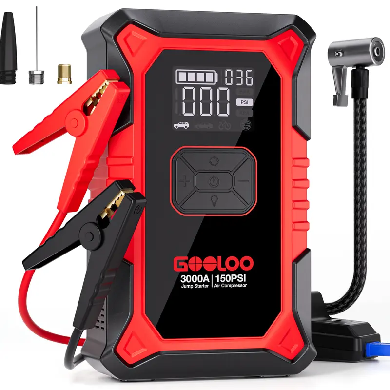 GOOLOO A3 Portable Car Jump Starter with Air Compressor, 3000A Car Battery Jump Starter (9.0 Gas/6.5L Diesel) with 150PSI Digital Tire Inflator Repair Tool Kit Vehicle. fathersdaygift,car accessories