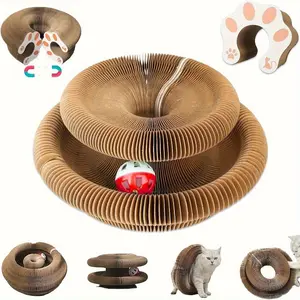 1 magic interactive cat scratching board toy with bell ball - foldable deformable accordion shape, more than 4 ways to play, indoor cat decompression exercise toy, durable cardboard design color pattern, a must for cat families