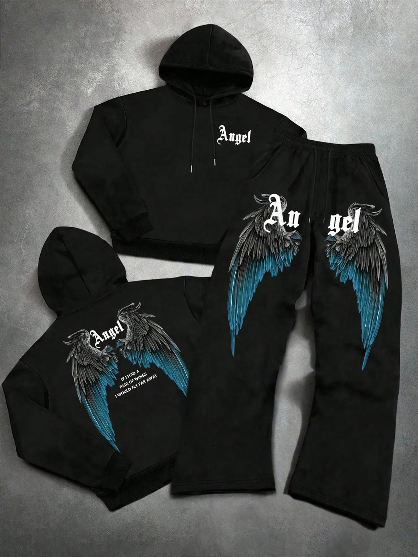 Angel Wing Printed Tracksuit Set, 2-Piece Hoodie & Sweatpants, Athletic Activewear Tracksuits, Athleisure Set, Soft Cotton-Blend, Gothic Streetwear, Casual Wear, Fall&winter
