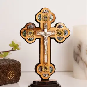 6 inch Standing Olive Wood Crucifix with Abalone Shell inlay handmade in Bethlehem and the Holy Land