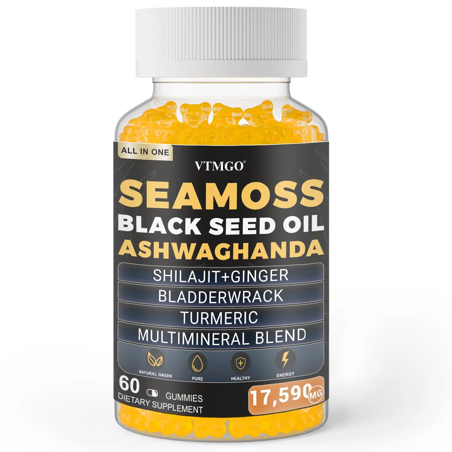 [NEW] VTMGO Sea Moss Supplement - All-in-One Multivitamin with Black Seed Oil, Ashwagandha & 15+ Extra Strength Ingredients - 60 GUMMIES - Natural, Healthcare Dietary Fitness