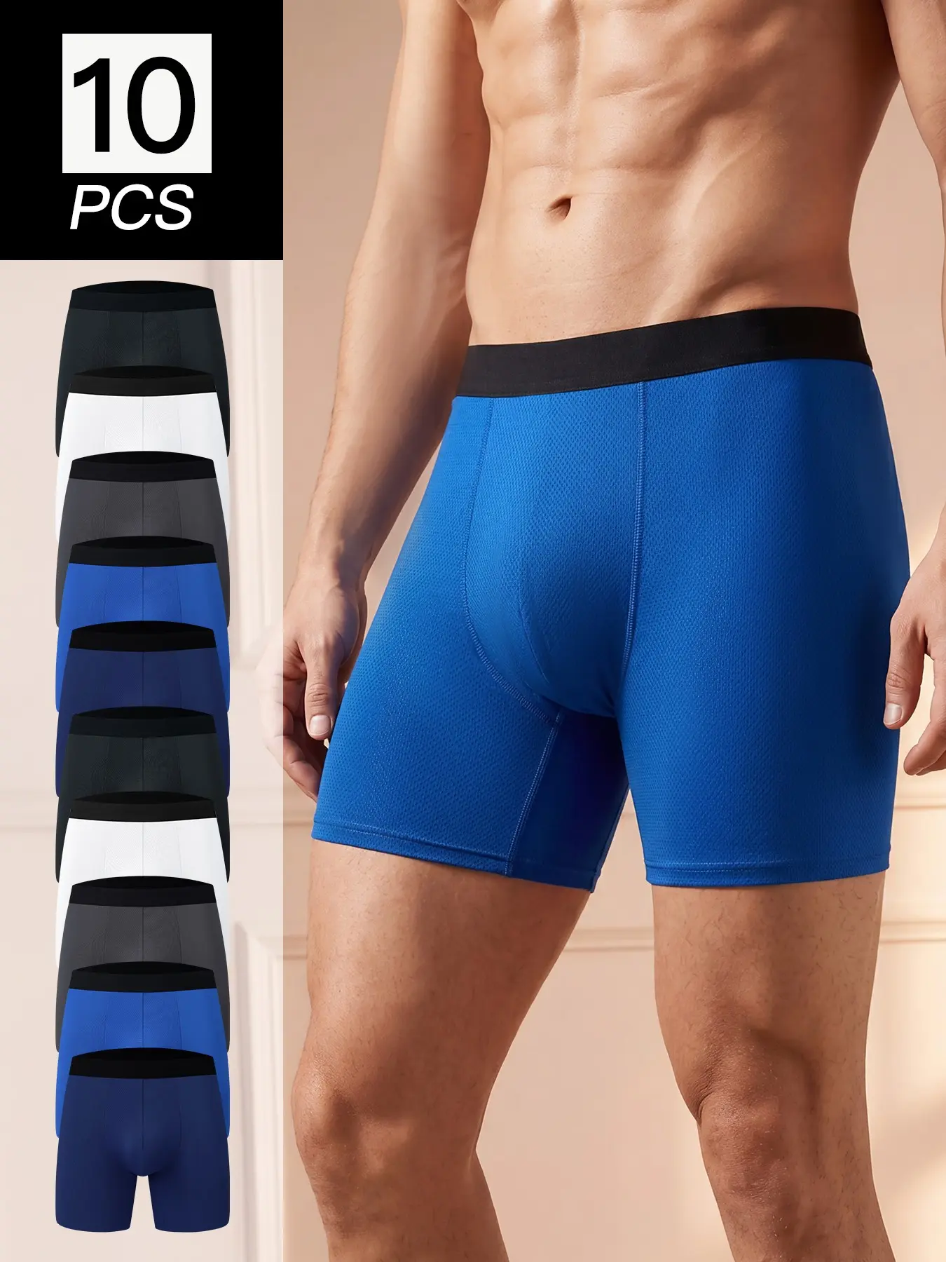 Men's 10 Pack Mesh Breathable Stretch Boxer Briefs, Long Leg No Ride Up Moisture Wicking Quick Dry Cooling Underwear, Anti Chafe Soft Tagless for Running Cycling Workout, Big Tall Loose Fit Assorted Colors All Season Stretchy Sports Underwear