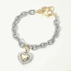 14K Gold Plated Two Tone CZ Pave Heart Charm Chunky Chain Bracelet
