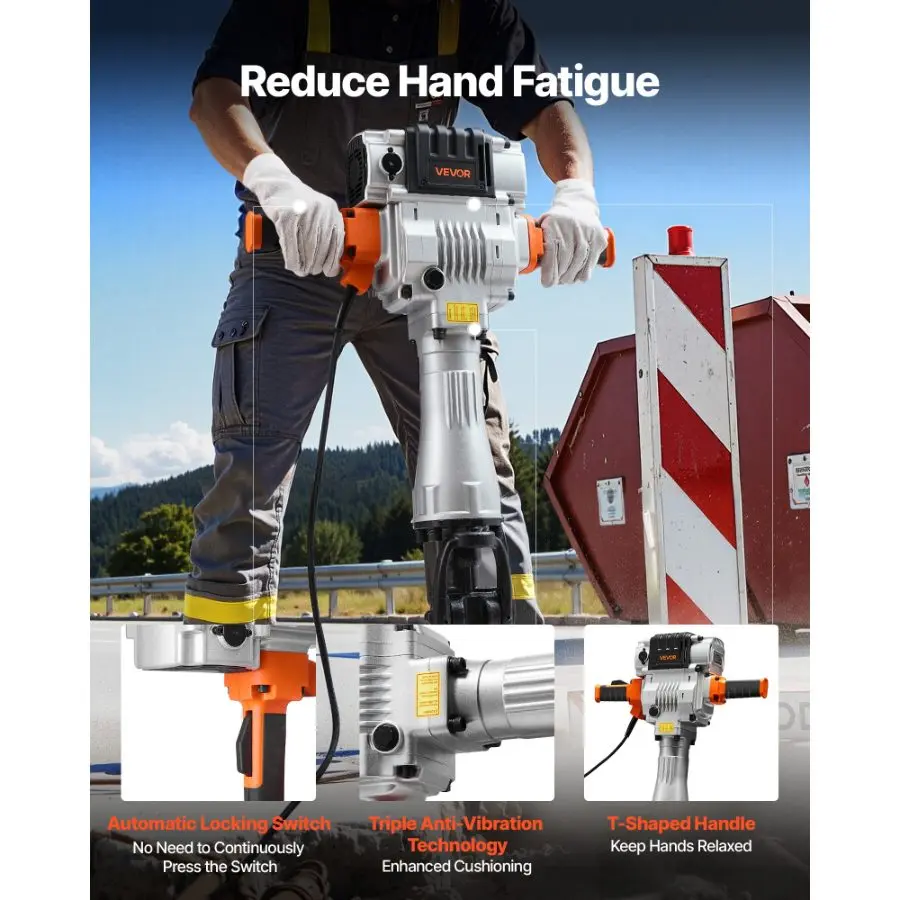 【toolupgrade】VEVOR Demolition Jack Hammer, 2100 W Powerful Electric Jackhammer, 1650 BPM Concrete Breaker with 2 Point Chisels, 2 Flat Chisels, Hand Trolley, Gloves, for Concrete, Wall, Brick, Tile and Foundation