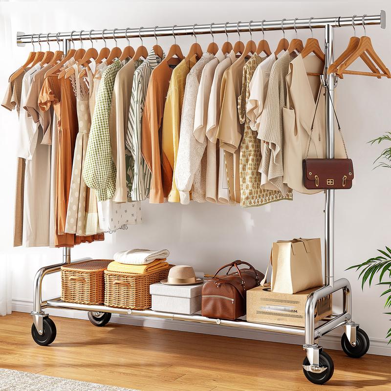 Raybee Heavy Duty Clothing Racks with Net Pocket Holds Up to 210lbs,Double Rod Metal Clothes Rack for Hanging, Rolling Garment Rack with Wheels Portable Closet Racks for Bedroom, Laundry Room,Dorm, Black, White, Gold