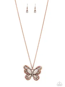 Wings Of Whimsy - Copper Chain with Copper Filagree, White Cat's Eye Stone, White Rhinestone Butterfly Pendant Necklace