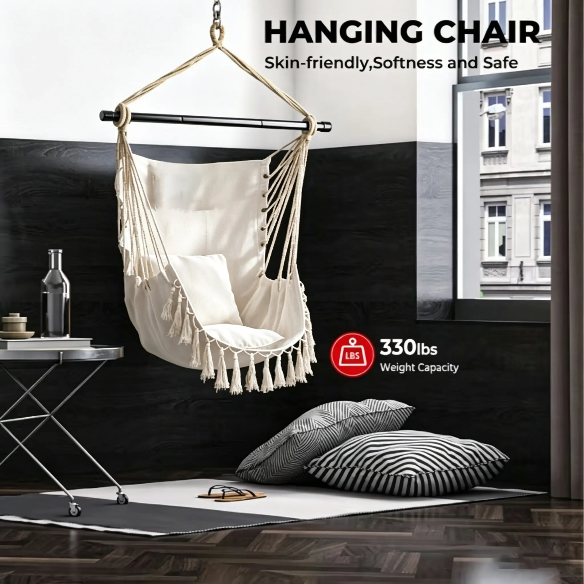 Hammock Chair with Cushion & Pillow, Large Outdoor Hanging Rope Swing Seat, Soft Canvas Porch Swing for Backyard, Patio, Garden, Tree‑Suspended Hammock