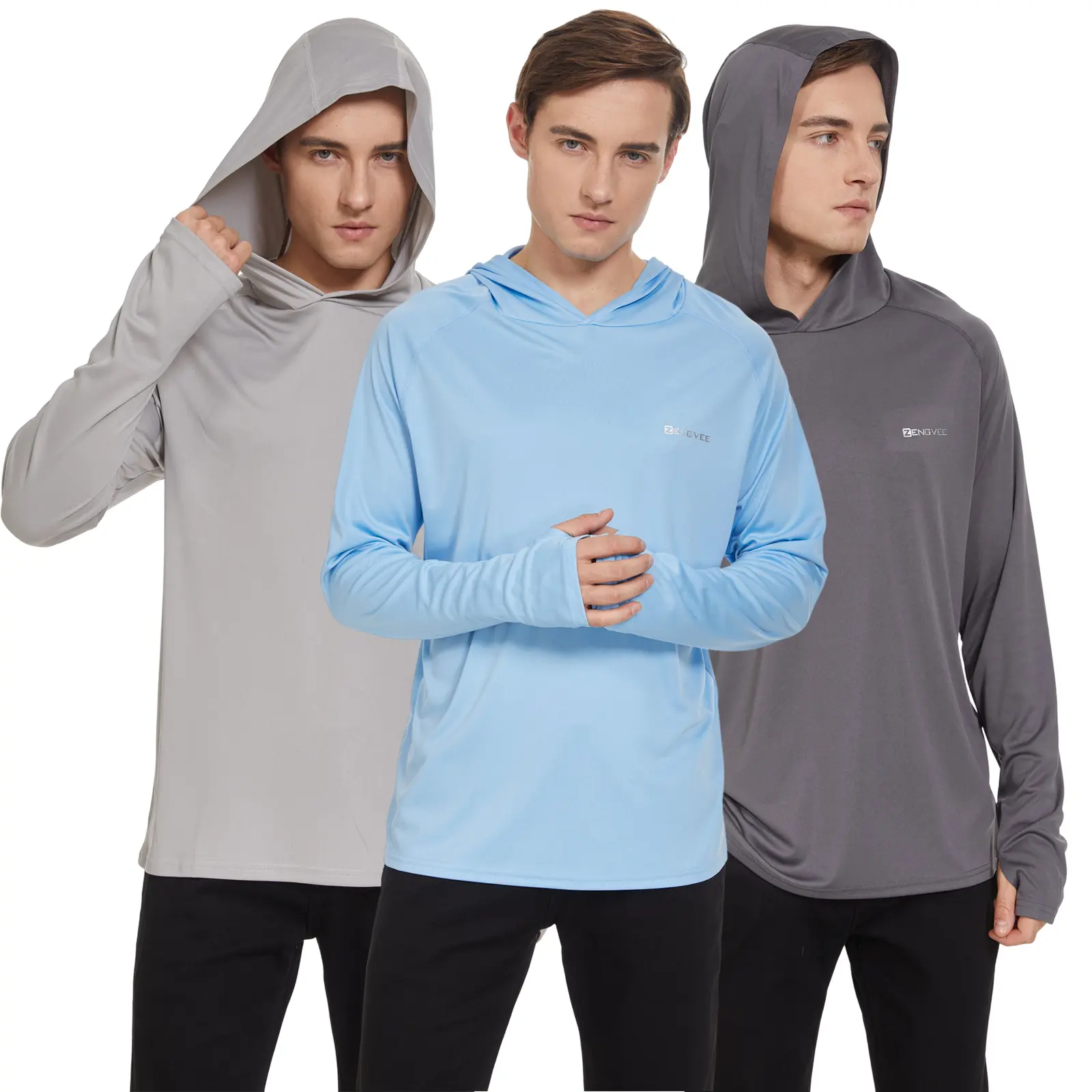 3 Pack Unisex Hooded Rash Guard, Long Sleeve Athletic Fitted Breathable Sun Shirt with UPF 50+ for Outdoor Sports, Fishing & Running