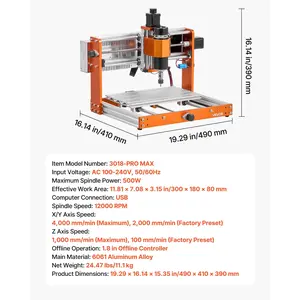 VEVOR CNC Router Machine, 500W Spindle, 3-Axis Wood Engraving Milling Machine, with 300x 180x 80 mm Working Area, Offline Controller, Limit Switch, E-Stop, for Wood Acrylic Plastic Carving Cutting