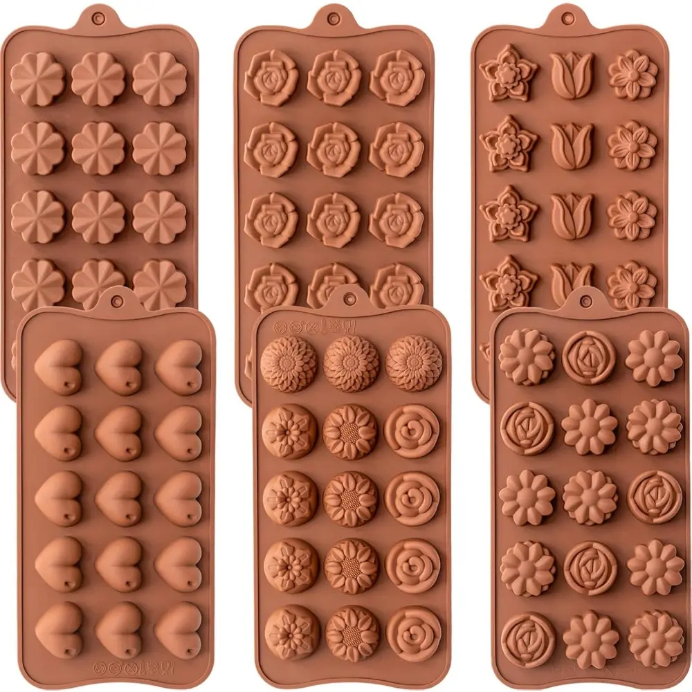6 Pack Flower Shape Chocolate Candy Molds Silicone Food-Grade Non-Stick Jello Mold Crayon Mold Silicone Baking Mold BPA Free including Flower Heart Tulip Rose