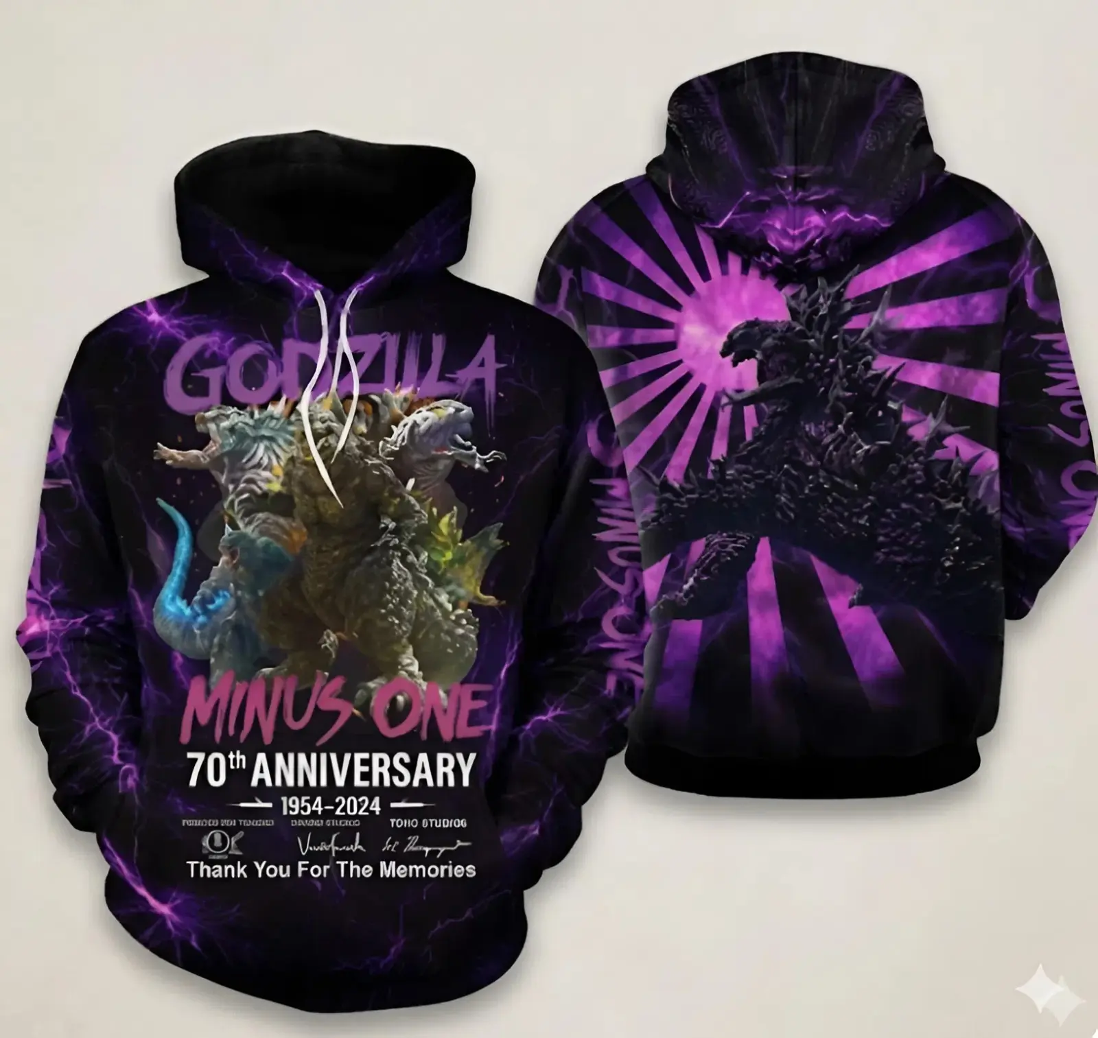 HOT Godzilla Minus One 70th Anniversary 1954–2026 3D Hoodie – “Thanks for the Memories” Kaiju Graphic All Over Print Sweatshirt, Collector Fan Apparel
