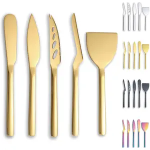 Cheese  Set of 5 for  Types of Cheese, Golden Titanium  Cheese  Slicer  Design for Confortable Grip and Cut, Butter Spreader