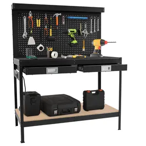 Heavy Duty Garage Workbench 48.99" x 22.99" with 2 Drawers, Pegboard, Power Outlet, Storage Shelf, 2-Tier Metal Tool Bench, 332 lbs Capacity, Ideal Work Table for Workshop Organization, Home or Shop