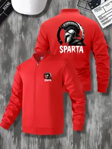 Men's Casual Stand Collar Ribbed Jacket Sweatshirt, Spartan Print Design, Spring & Fall Fashion Zipper Coat, Windproof Warm Gift Essential