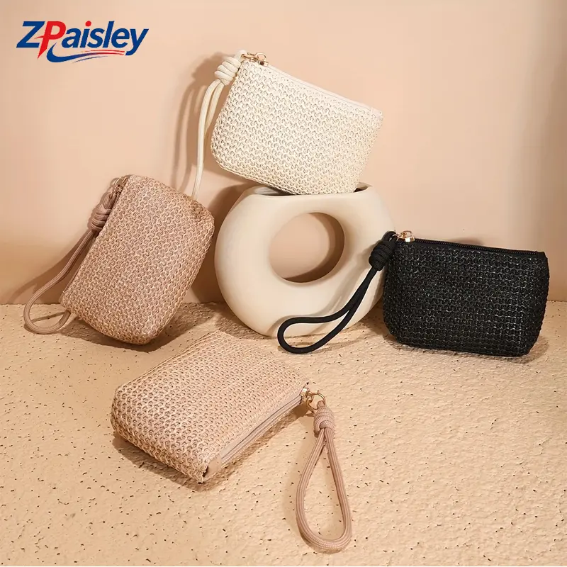 1Pc Straw Woven Coin Purse with Wrist Strap, Mini Zipper Wallet Pouch for Women, Lightweight Small Lipstick Makeup Bag for Summer Beach Vacation Daily Use