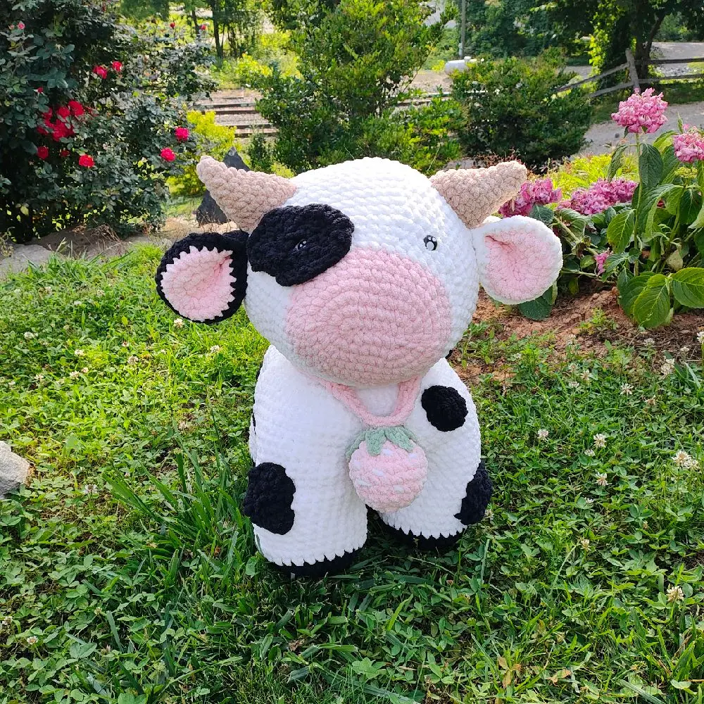 Crochet Strawberry Vaquita Jumbo Size - White with Black Spots & Strawberry Chain - Unique Whimsical Design for Creative Collection