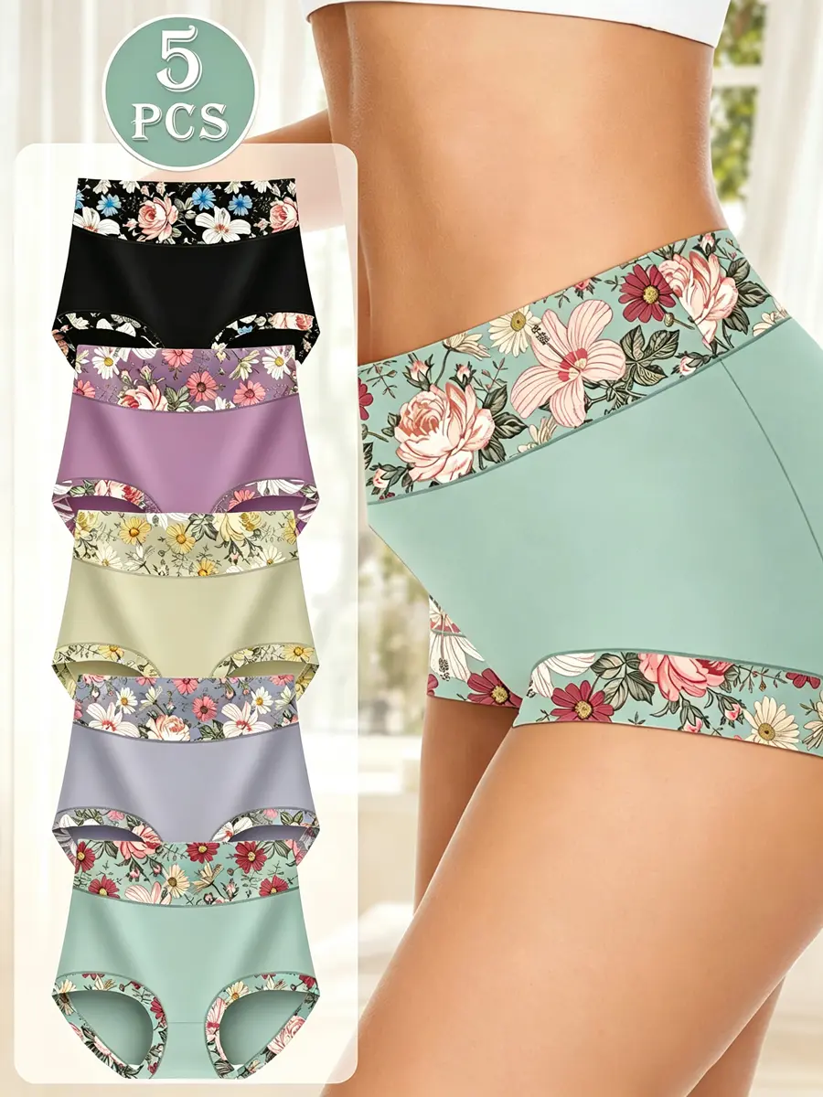 [Plus Size] Women’s Floral Print Mid-Rise Briefs, Comfy Stretch Underwear, Tummy Control & Butt Lifting, Soft Breathable Fabric, Everyday Casual Wear, All-season Casual Style, casual,elegant,panty, 5PCS S-5XL