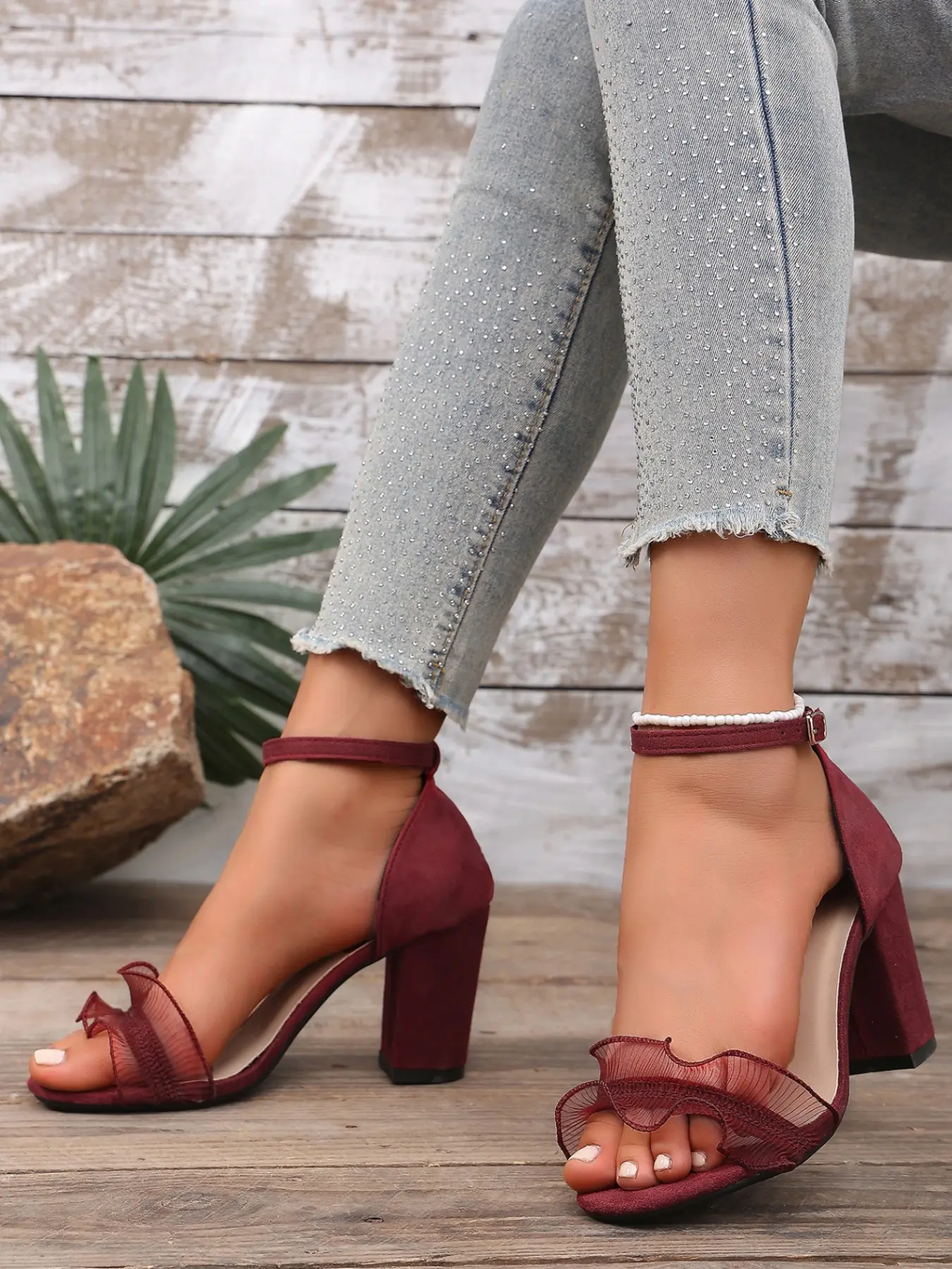 Women's Mesh Ruffle Heeled Sandals, Strap Buckle Open Toe High Heels, Summer Fairy Style Wedding Shoes, Elegant Footwear for Women