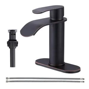 WOWOW Waterfall Bathroom Faucet Single Handle – Modern Oiled Rubbed Bronze Vanity Sink Faucet, Stainless Steel Basin Sink Tap for RV Lavatory 1 or 3 Hole, Hot & Cold Mixer Tap with Pop up Drain