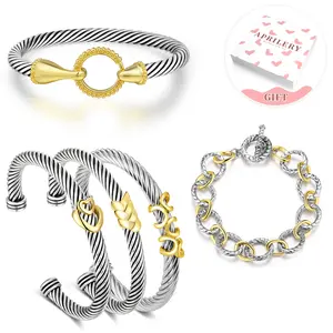 Free Gift Box Included | Aprilery 5PCS Stackable Twisted Cable Bracelet Set – Adjustable Two-Tone Cuff & Chain Link Design Jewelry for Women