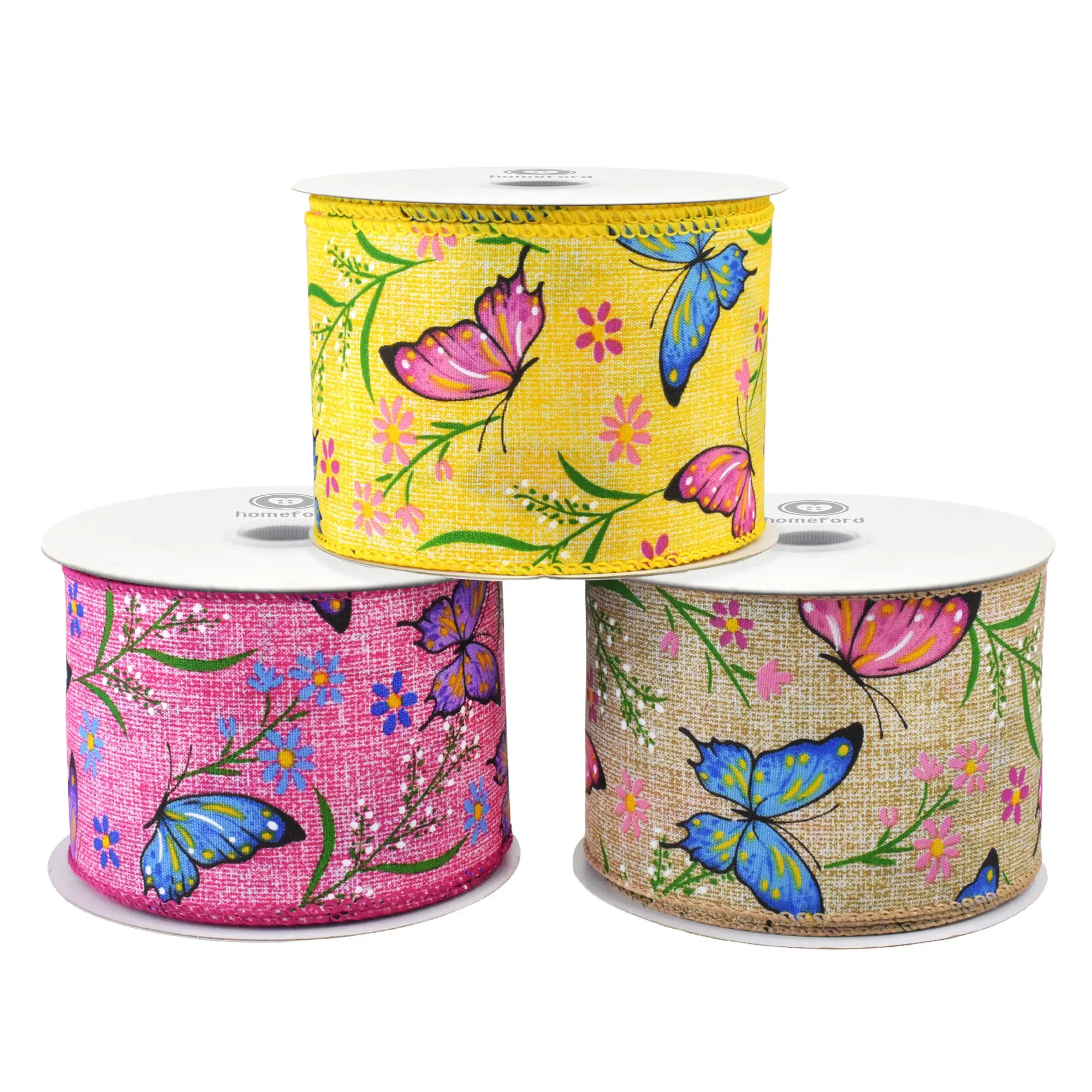 Spring Flowers and Butterflies Wired Ribbon, 2-1/2-inch, 10-yard